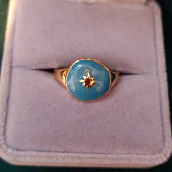 Vintage Gold Tone & Blue Emamel Turquoise Celstial Star Ring Size 7 Mid Mod - Picture 2 of 7